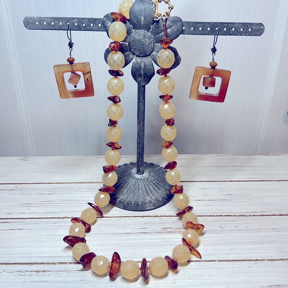 Brown and Beige Beaded necklace and earrings, matching set
